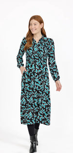 317 LEAF PRINT SOFT TOUCH SHIRRED BODICE BUTTON-UP MIDI DRESS