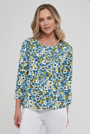 Meadow Print Velma Top - White/Turquoise