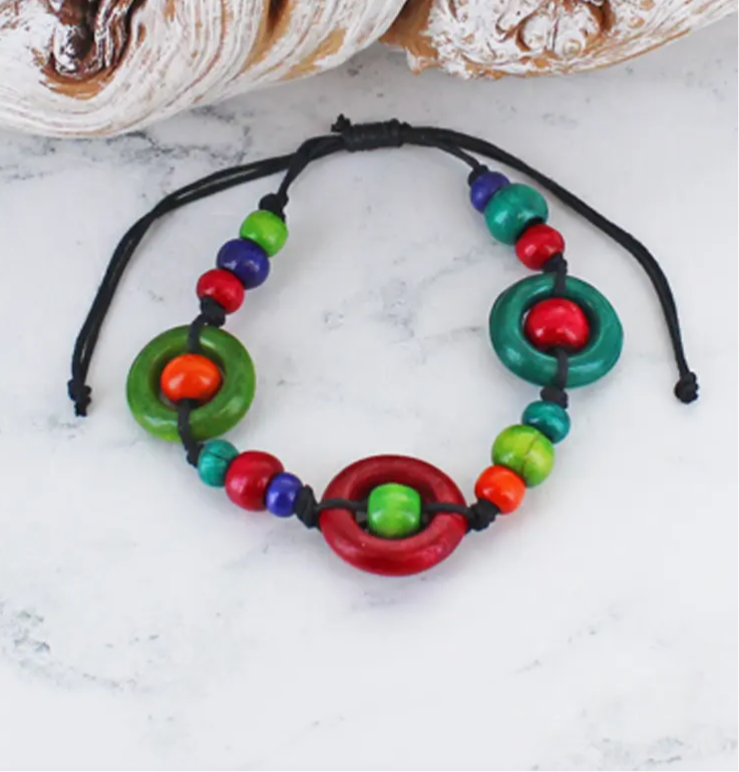 ED106 MULTICOLOUR WOODEN BEAD BRACELET (ADJUSTABLE)