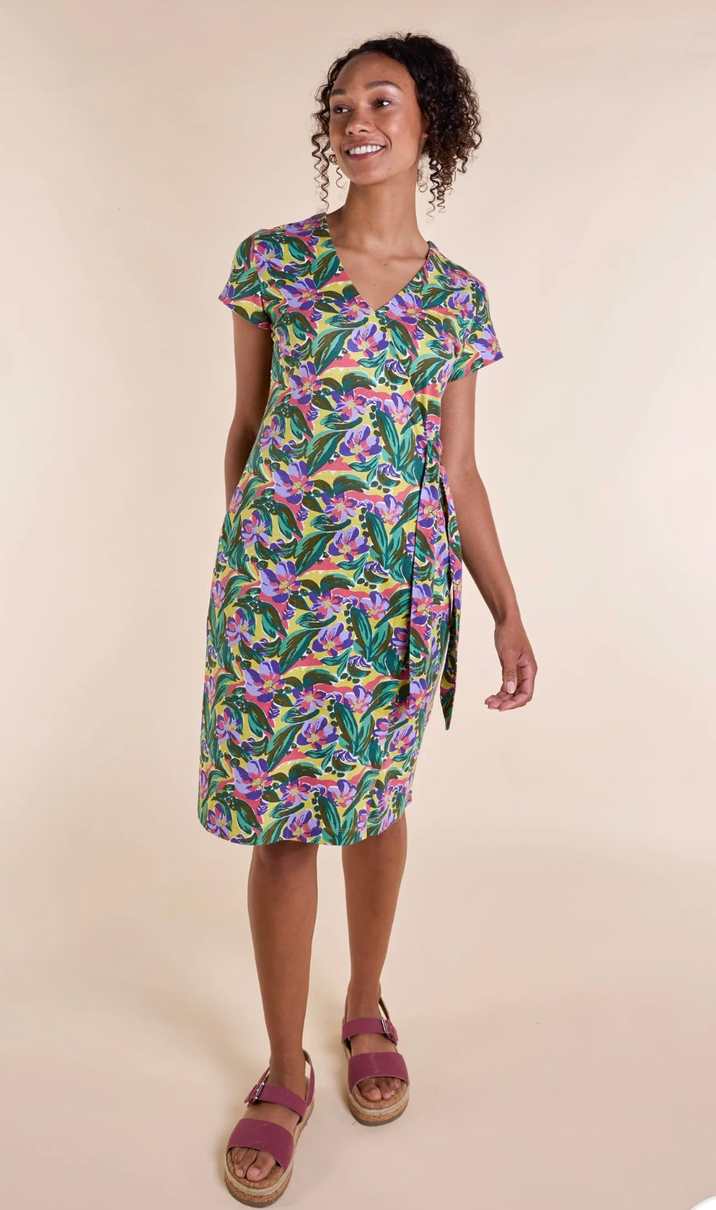 DH2167 Organic Cotton Tie Gathered Mock Wrap Dress