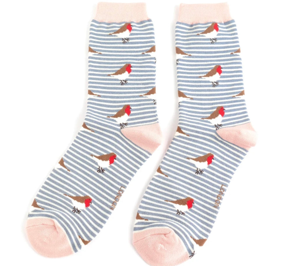 Sks456 Robins on Stripes Socks Denim