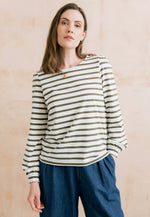 LM26514 CAROLINE STRIPED ORGANIC COTTON JERSEY TOP OLIVE/ECRU