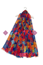 7809 Colourful Rose & Leaf Print Frayed Scarf