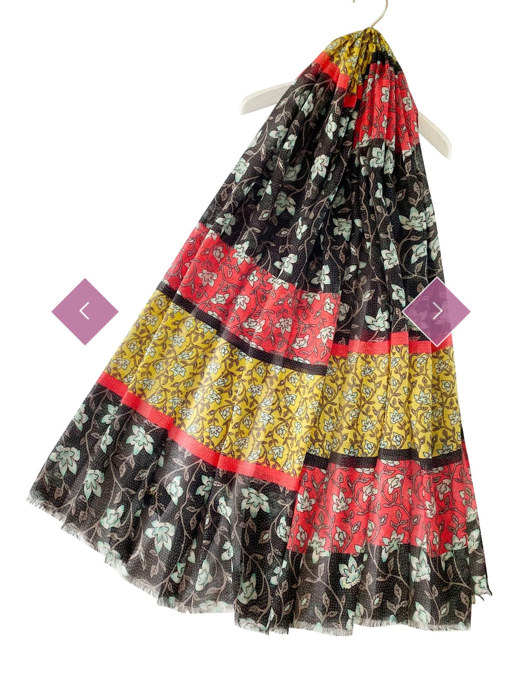 3545 Colour Block Ivy Print Frayed Scarf - Black/Red