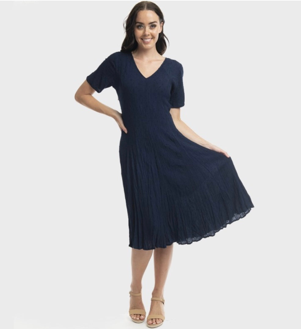 81261 Godet Short Sleeve Navy Dress