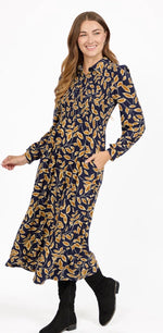 317 LEAF PRINT SOFT TOUCH SHIRRED BODICE BUTTON-UP MIDI DRESS