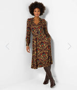 Elegant Leaves Long Sleeve Jersey Midi Dress