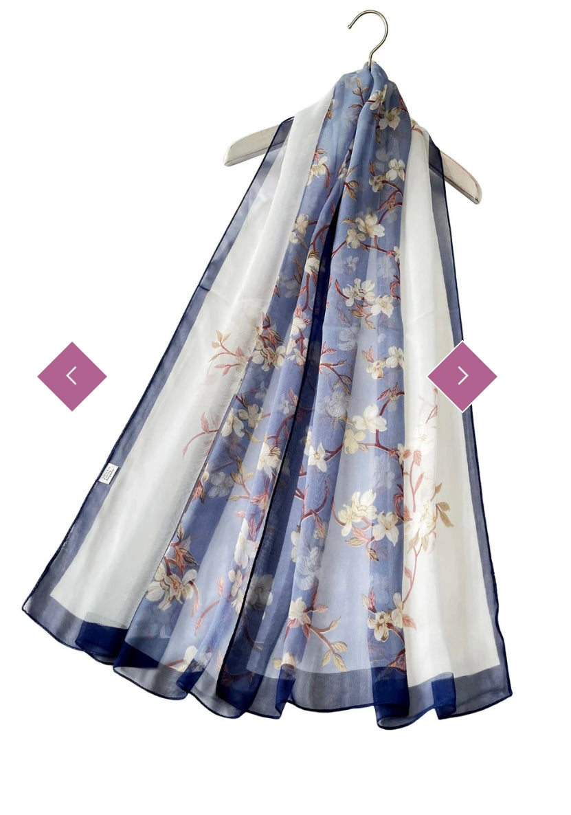 7460 Two Tone Elegant Floral Print Chiffon Scarf
