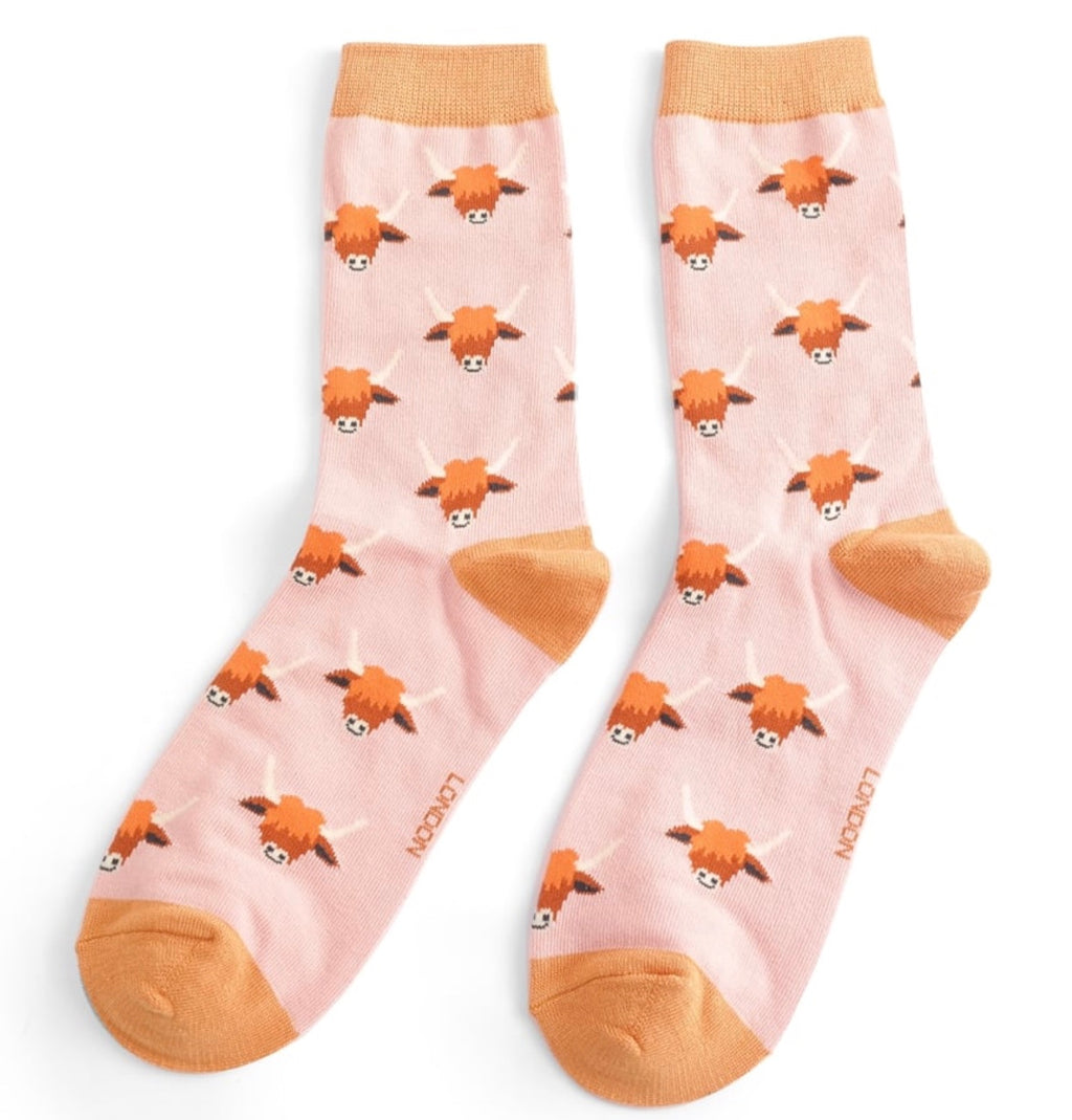 Sks394 Highland Cows Socks Dusky Pink