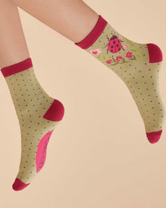 Soc647 Ladies Ankle Socks - Ladybird in Sage