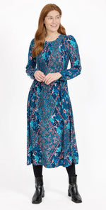 318 FLORAL PRINT SHIRRED SOFT TOUCH BODICE MIDI DRESS