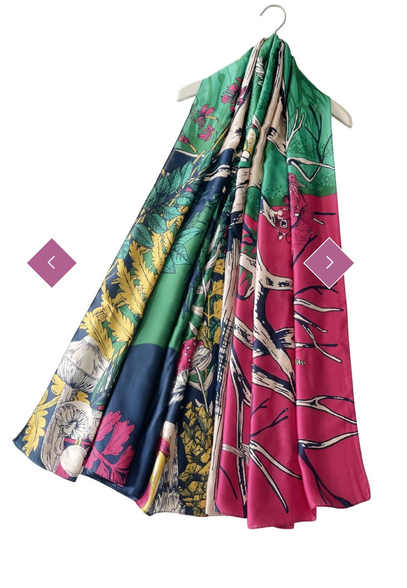 7526 Vibrant Illustrated Woodland Print Silk Scarf
