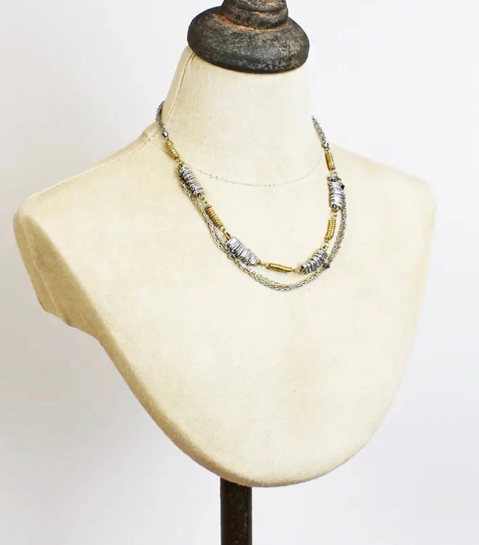 NP1007 Short Mixed Metal Double Strand Chain Necklace