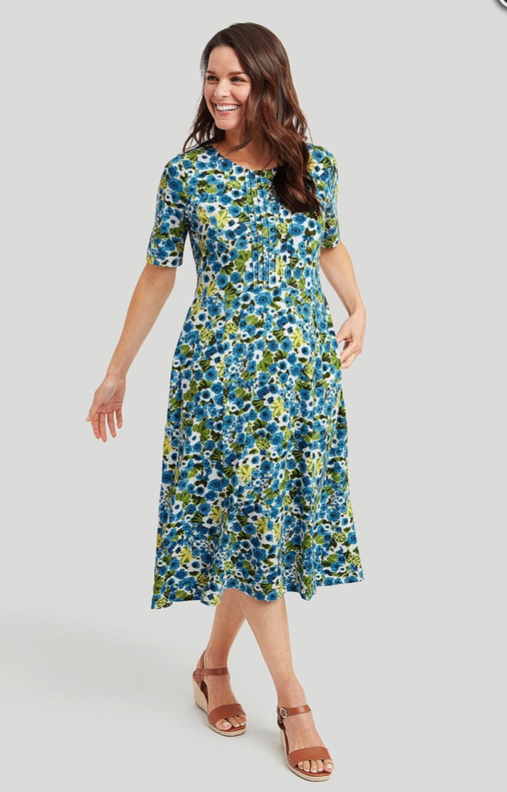 Meadow Print Louisa Dress - White/Turquoise