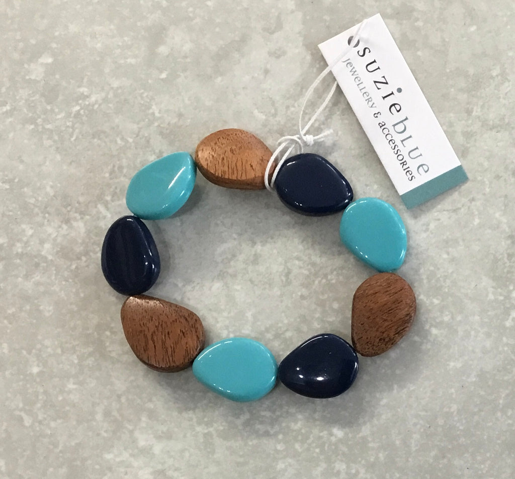 JP1308 Blue wood & Resin Pebble Elasticated Bracelet