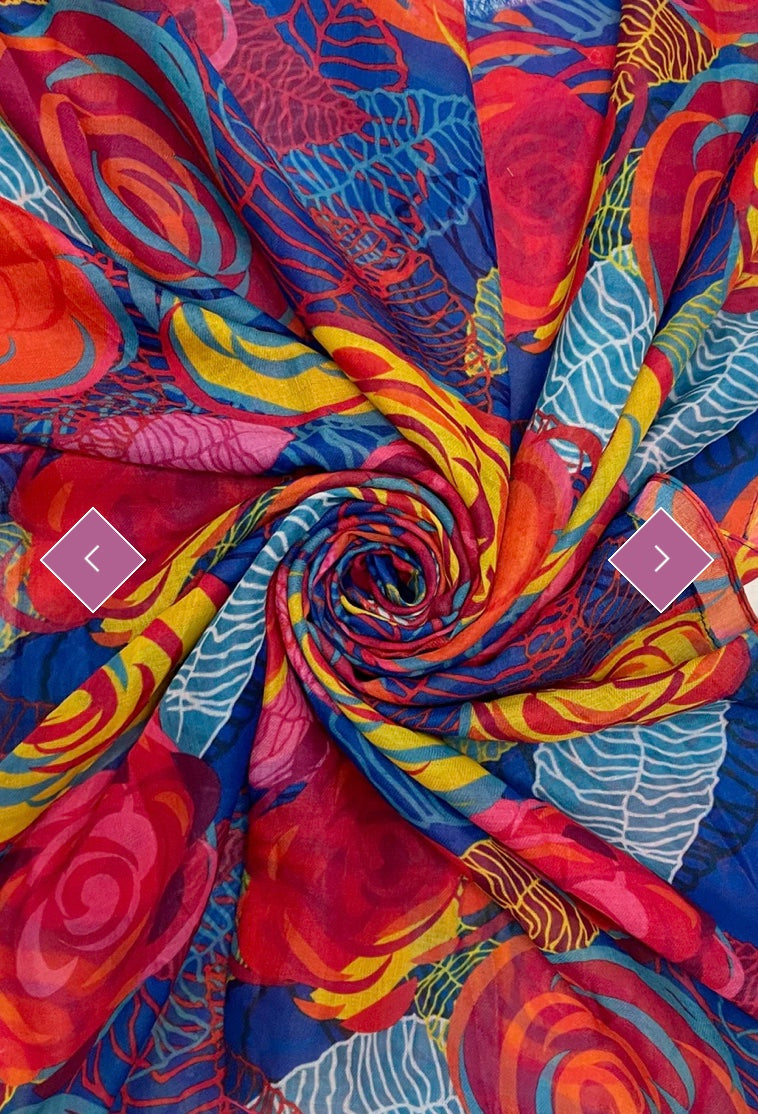 7809 Colourful Rose & Leaf Print Frayed Scarf