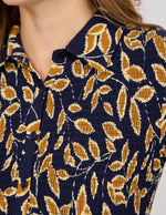 317 LEAF PRINT SOFT TOUCH SHIRRED BODICE BUTTON-UP MIDI DRESS