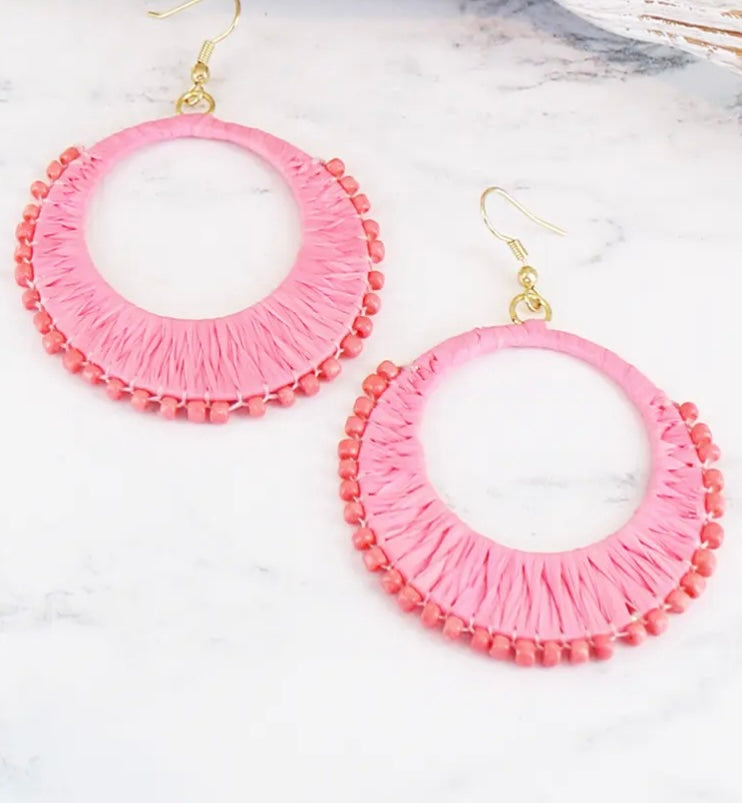 SJ1301 RAFFIA & BEAD HOOP EARRINGS