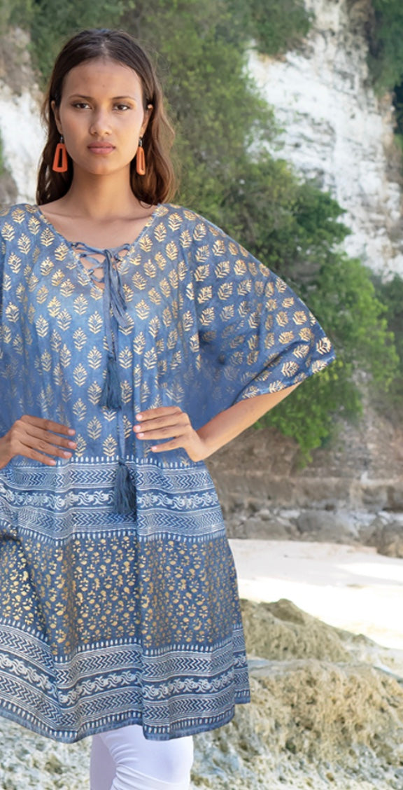 KS1404 SHORT BLOCK-PRINTED COTTON KAFTAN