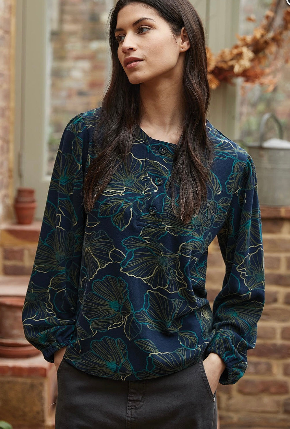 Fine Floral Nicobar Top - Navy Blazer