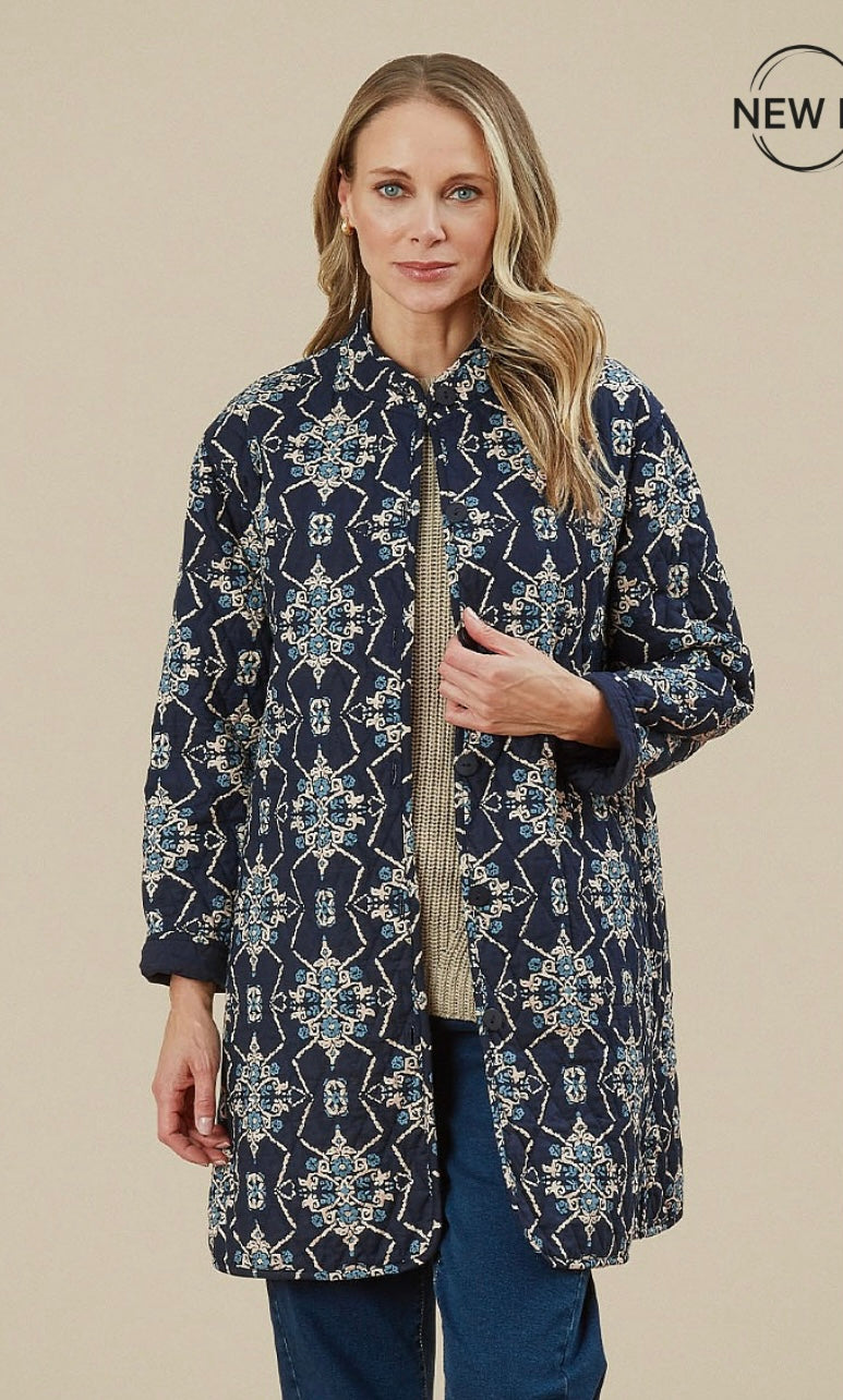 Freya Celine Print Reversible Quilted Coat - Navy Blazer