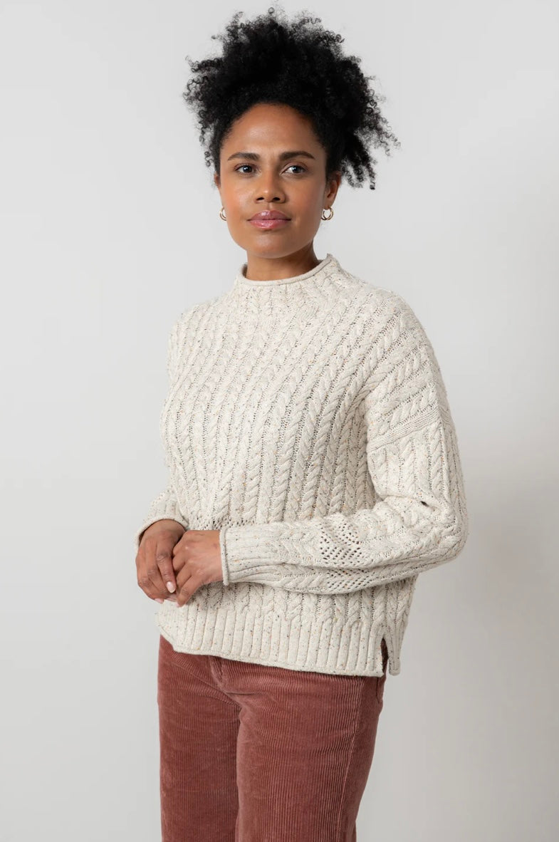 LM25664 ELSPETH CABLE KNIT HIGH NECK JUMPER ECRU