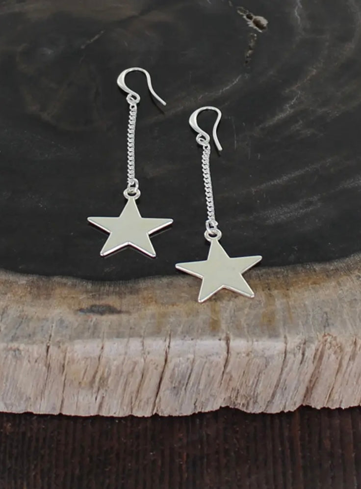SP405 DROP CHAIN STAR EARRINGS [SILVER-PLATE]