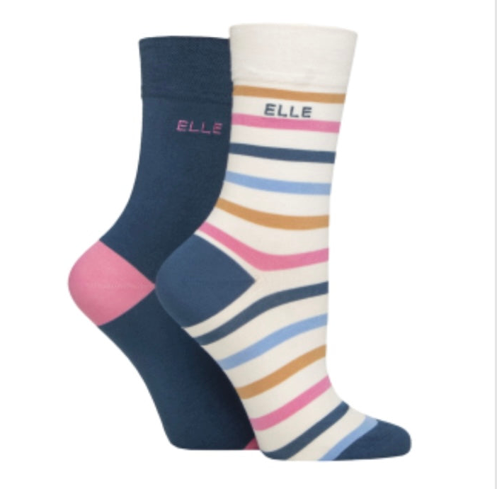 SA241SF LADIES 2 PR ELLE STRIPED & PLAIN BAMBOO SOCKS