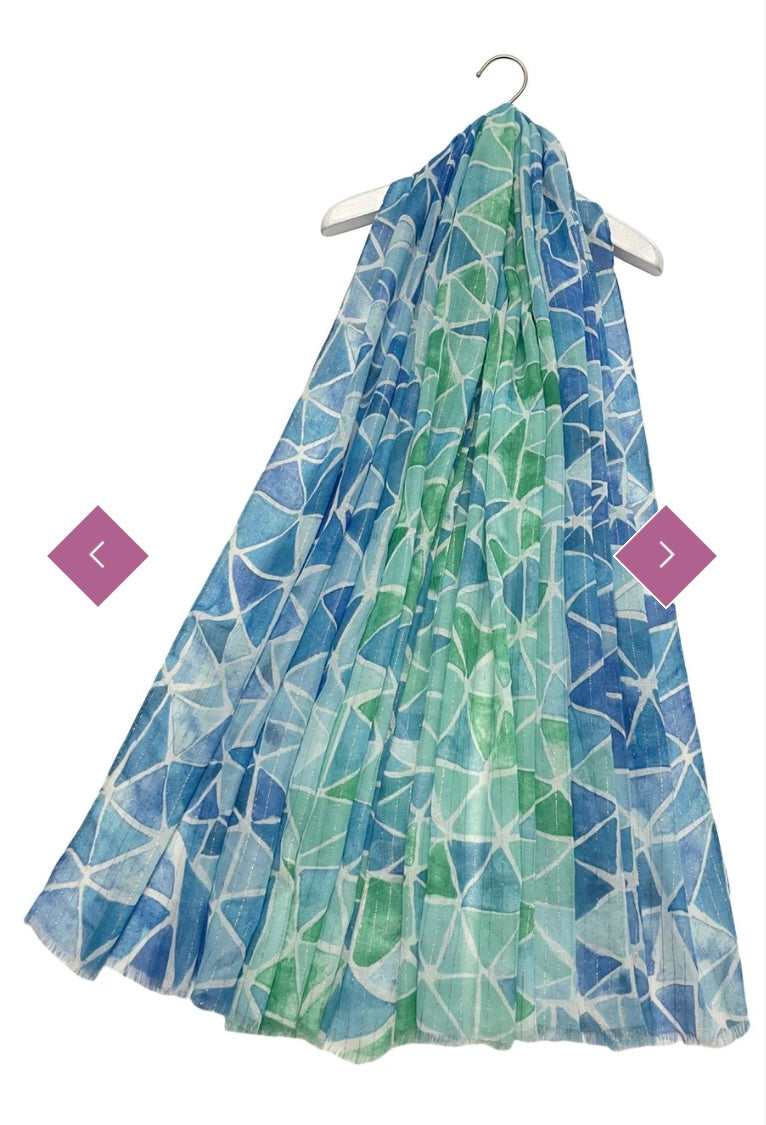 8083 Two Tone Mosaic Metallic Thread Frayed Scarf