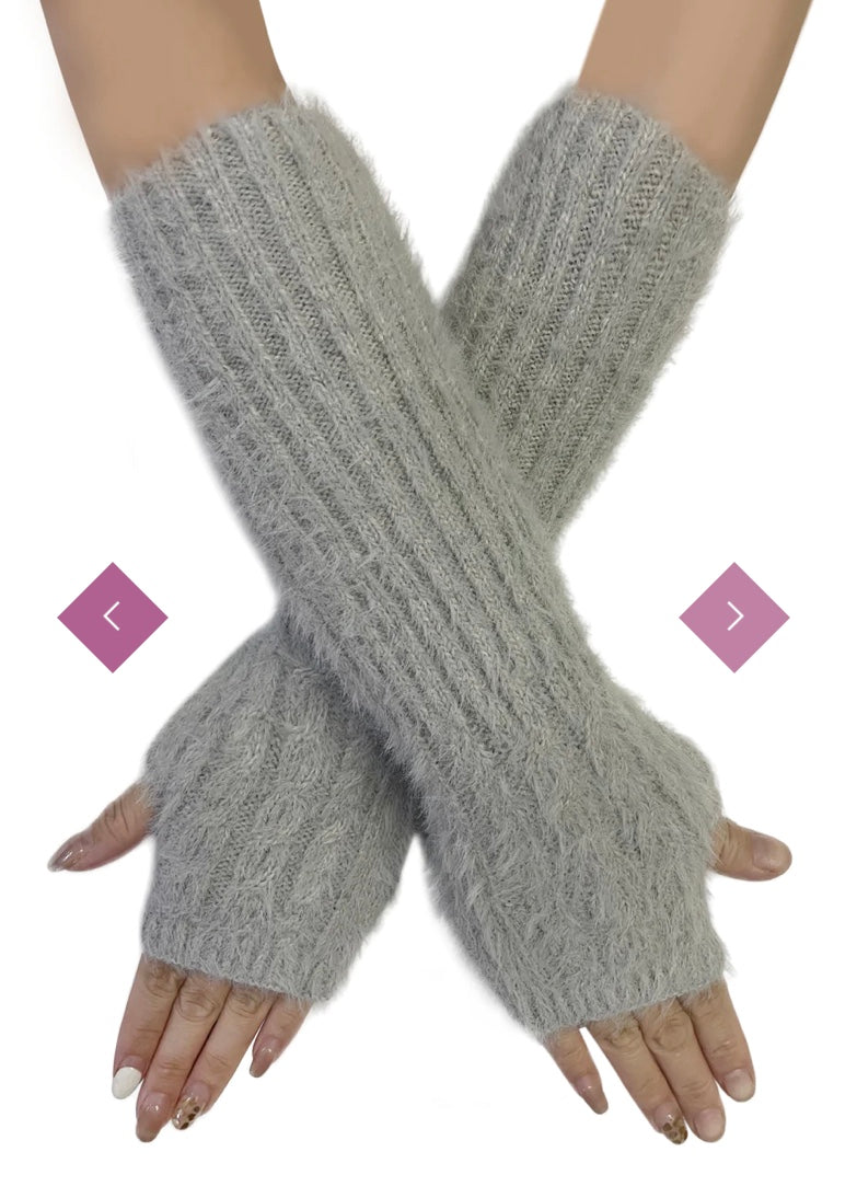 7436 Plain Fluffy Wool Knitted Arm Warmer Gloves