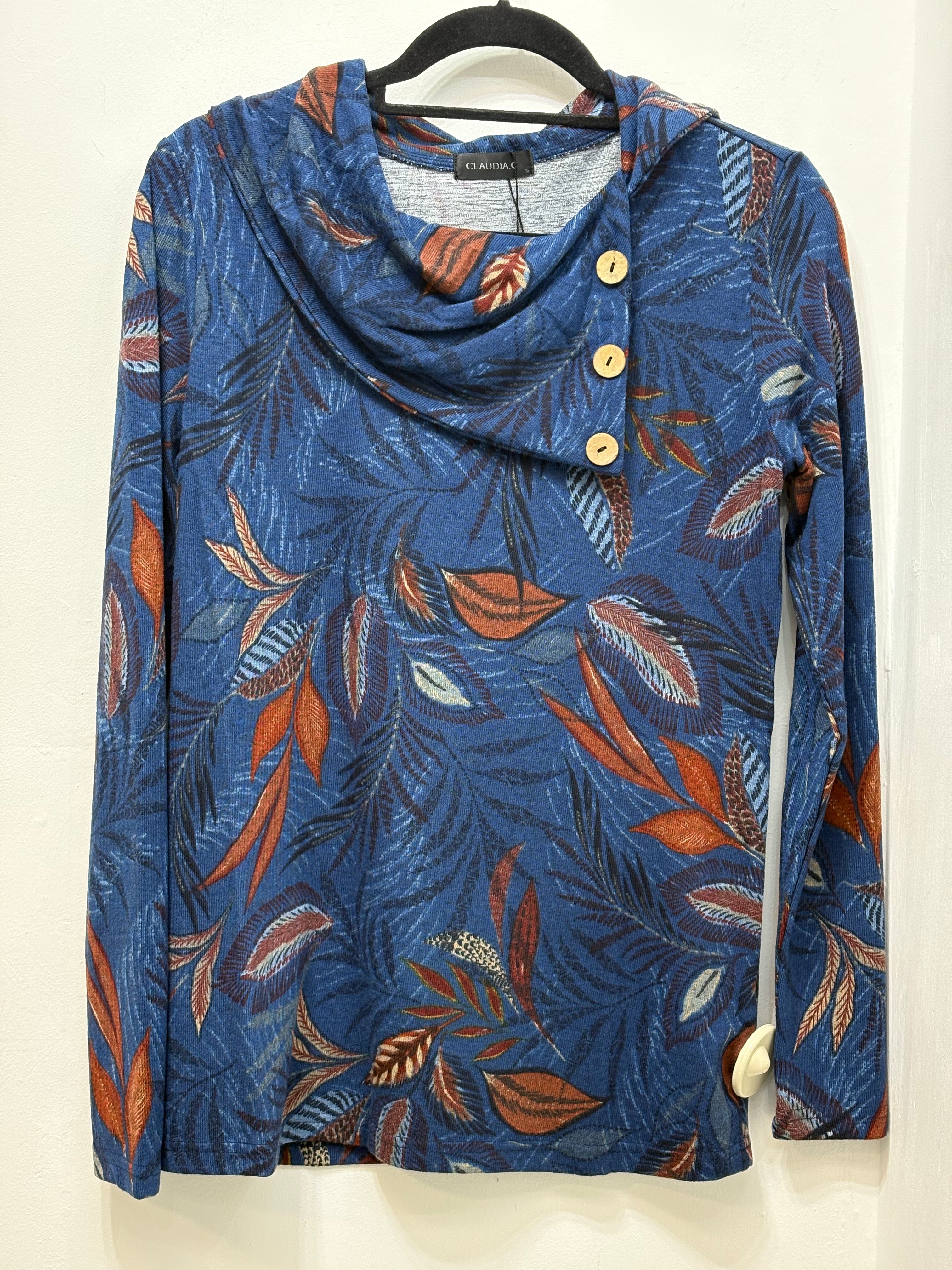 12956 Leaf Print Cowl Neck Top