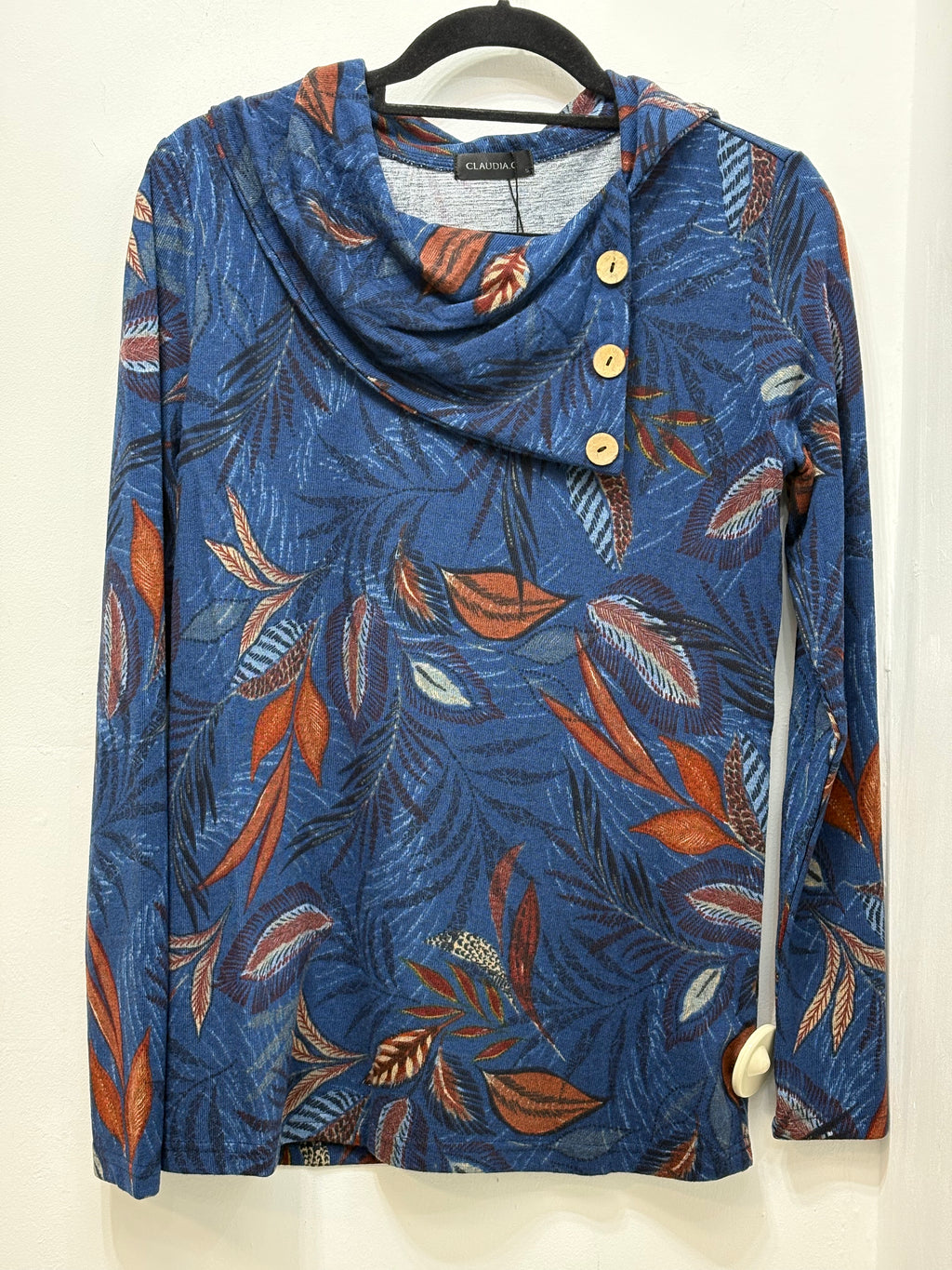 12956 Leaf Print Cowl Neck Top