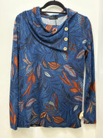 12956 Leaf Print Cowl Neck Top