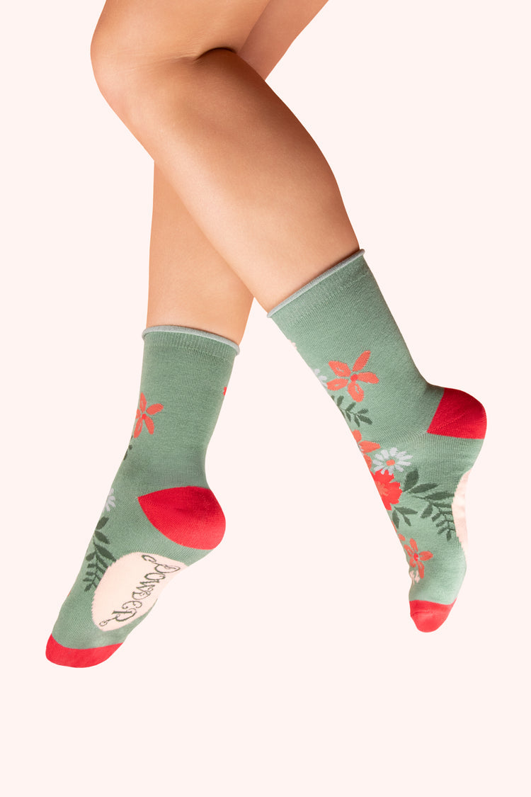 ANKLE SOCKS - FLORAL SPRAY, OLIVE SOC756