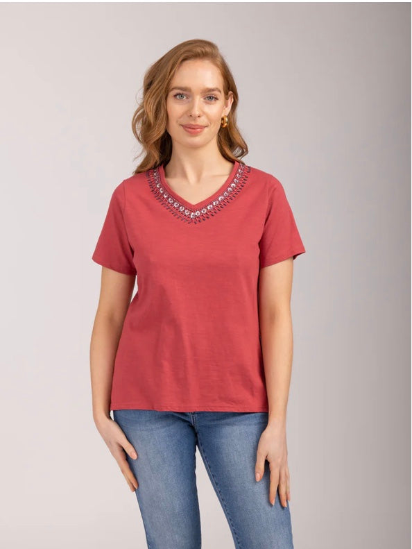 Mudflower Embellished V-Neck T-Shirt