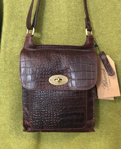 L-74 Ashwood Croc Print Leather Cross Body Bag Cognac