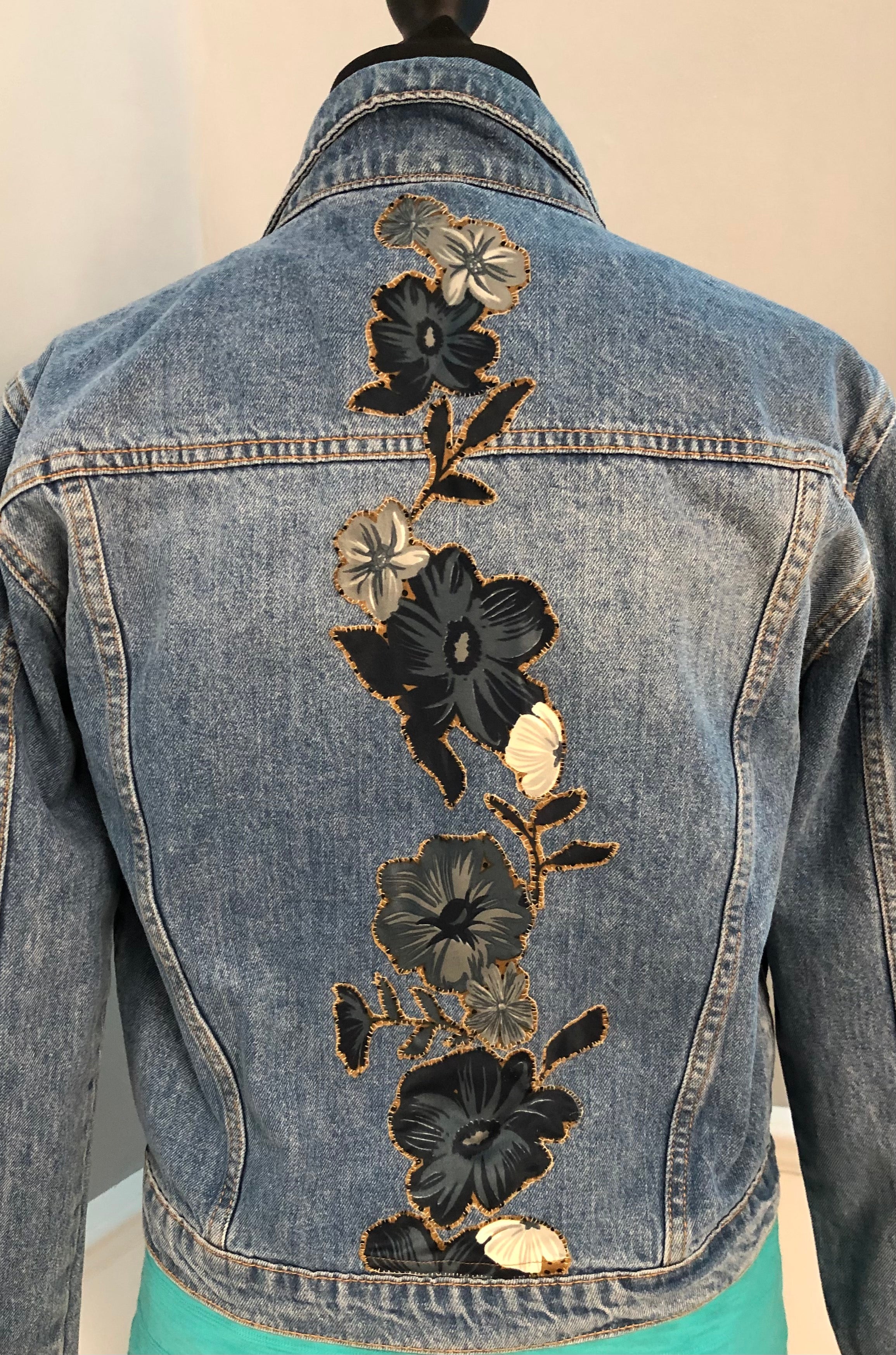 Re-Styled Denim Jacket by Trish (Floral satin appliqué)