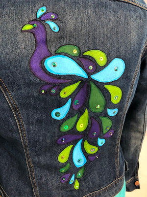 Re-Styled Denim Jacket by Trish (hand painted peacock)
