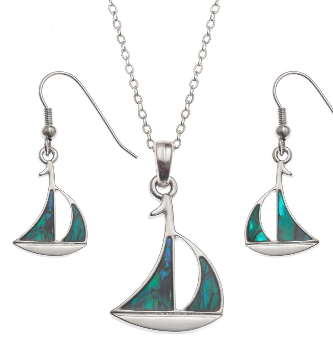 Paua Shell Sailboat Necklace and Earrings Set