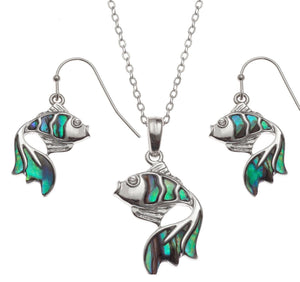 Paua Shell Goldfish Necklace and Earrings Set