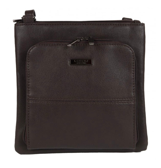 LORENZ LEATHER GRAIN PU X-BODY BAG WITH TOP ZIP & FRONT ZIP ROUND POCKET