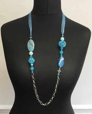 Long Ribbon and Bead Necklace