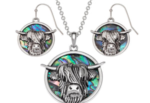 Paua Shell Highland Cow Necklace and Earrings Set