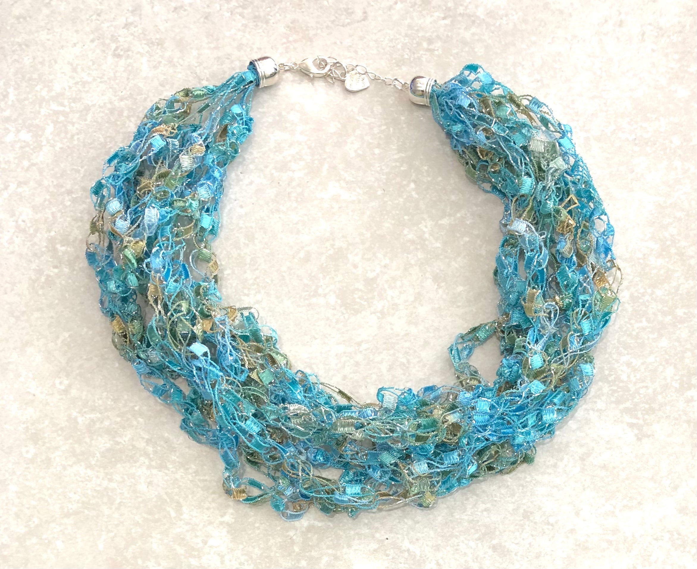 Made by Trish Turquoise and Gold Chain Crochet Necklace