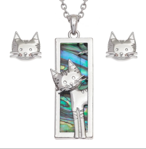 Paua Shell Curious Cat Necklace & Earrings Set